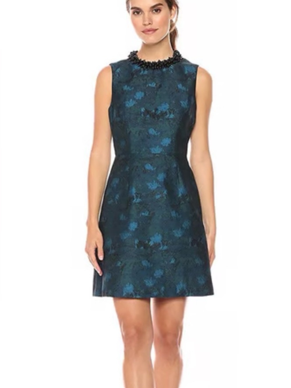 Betsey Johnson Teal Floral Jacquard Beaded-Neck Mini Dress